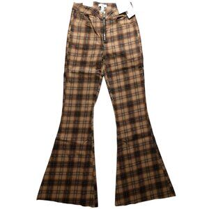 FOREVER 21 Womens High Rise SLIM FIT FLARE Raw Hem Pants Brown Plaid Size 27